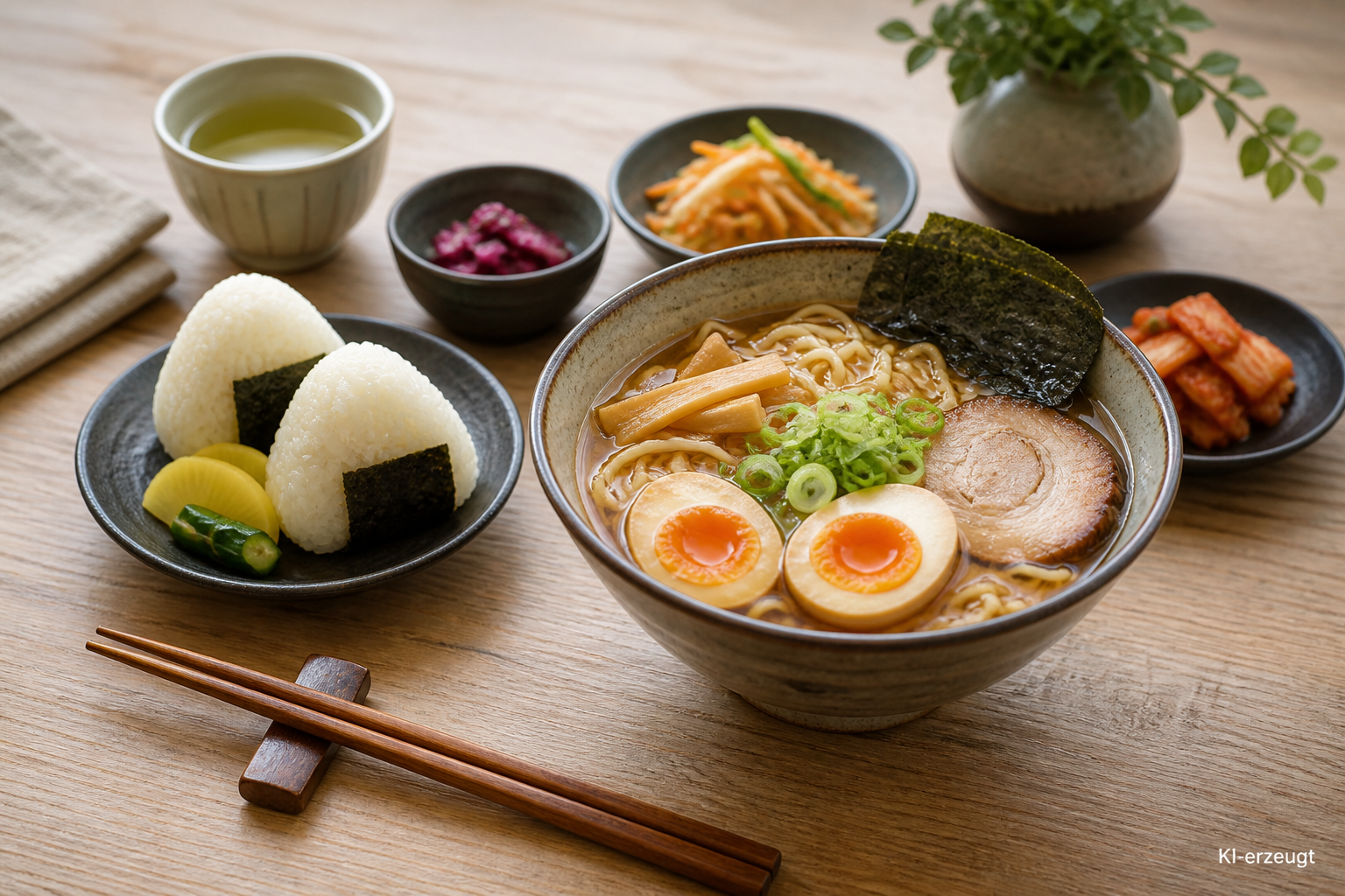 Japanische Schalen mit Ramen, Reisbällchen und Beilagen auf einem Holztisch