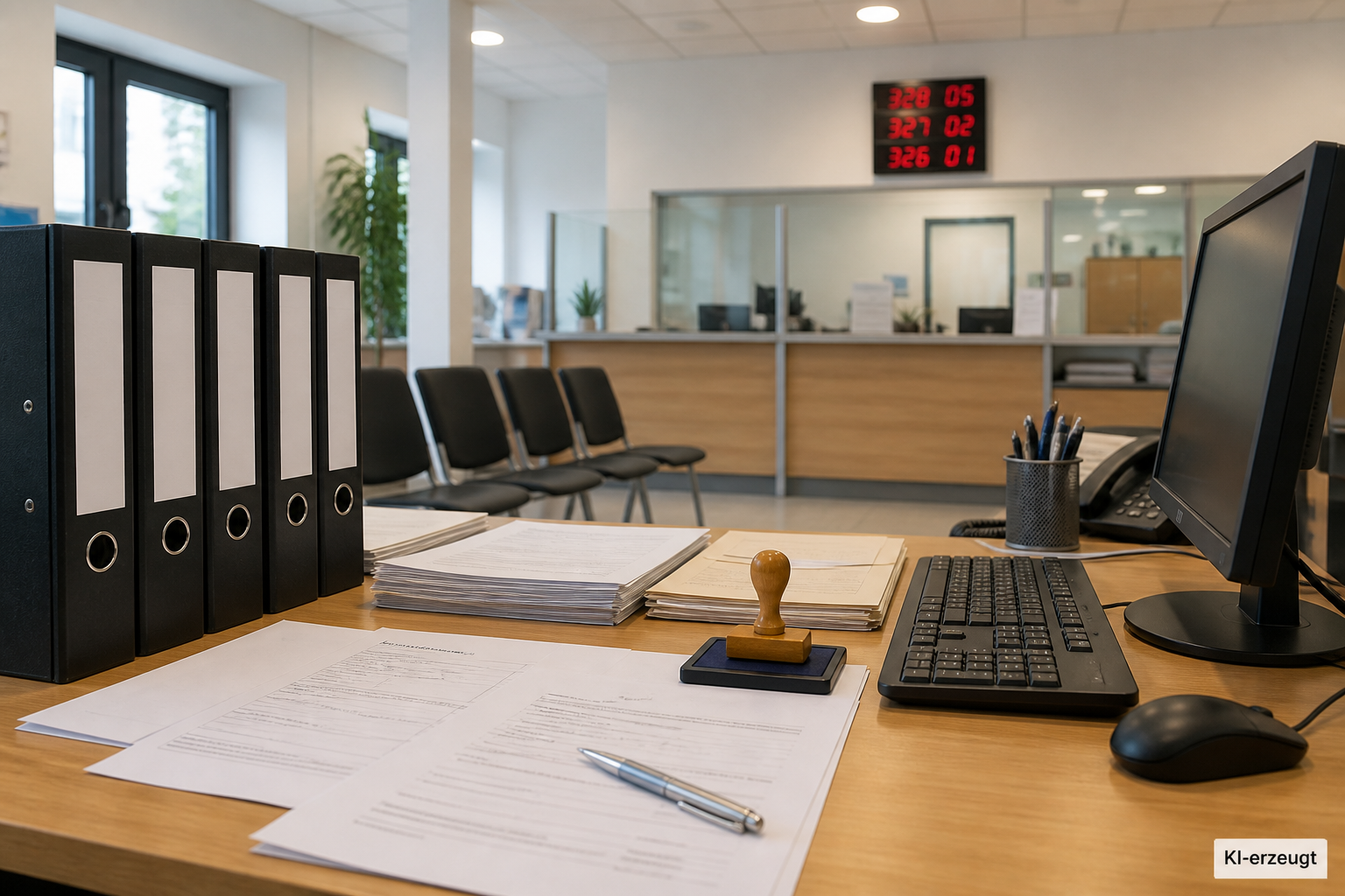 Behördenschreibtisch mit Aktenordnern, Stempel und Formularen