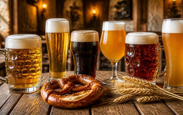Holztisch mit verschiedenen Biergläsern, Brezel und Gerstenähren