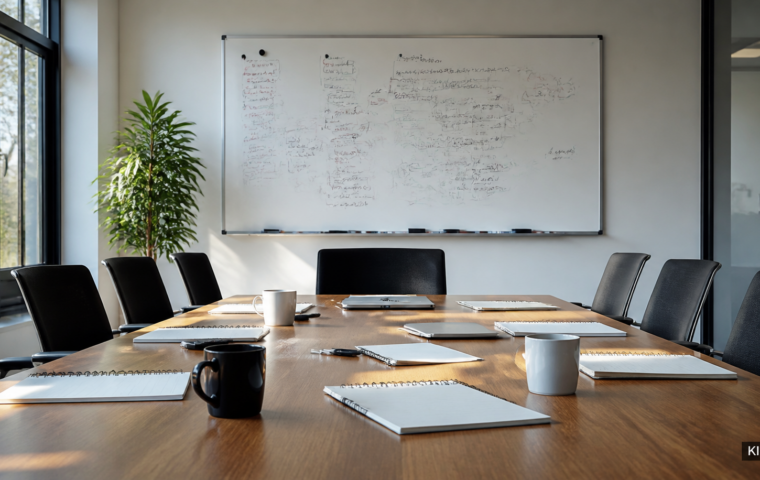 Meetingraum mit Whiteboard, Notizblöcken und Kaffeetassen