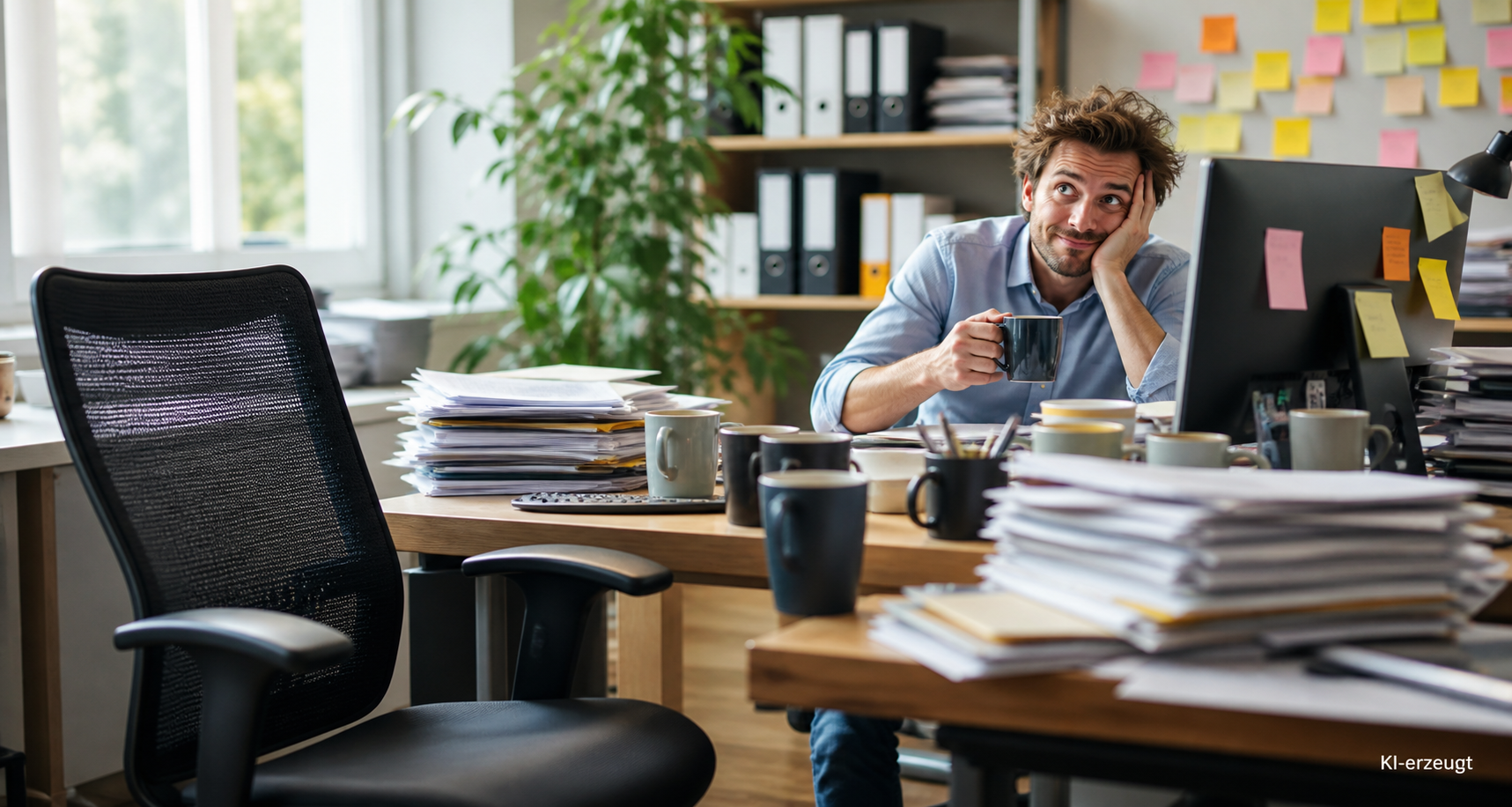 Büroschreibtisch mit Kaffeetassen, Aktenstapeln und Klebezetteln am Monitor