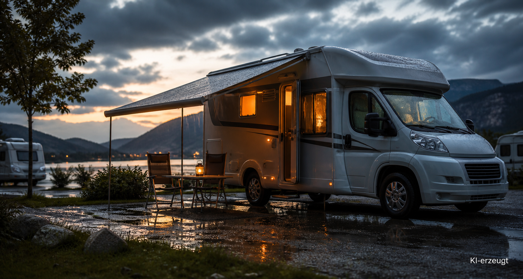 Wohnmobil im Regen mit warm erleuchteten Fenstern