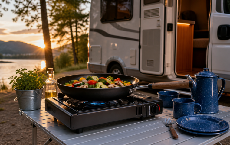Campingkocher mit Pfanne voll Gemüse und Emaillegeschirr auf einem Klapptisch