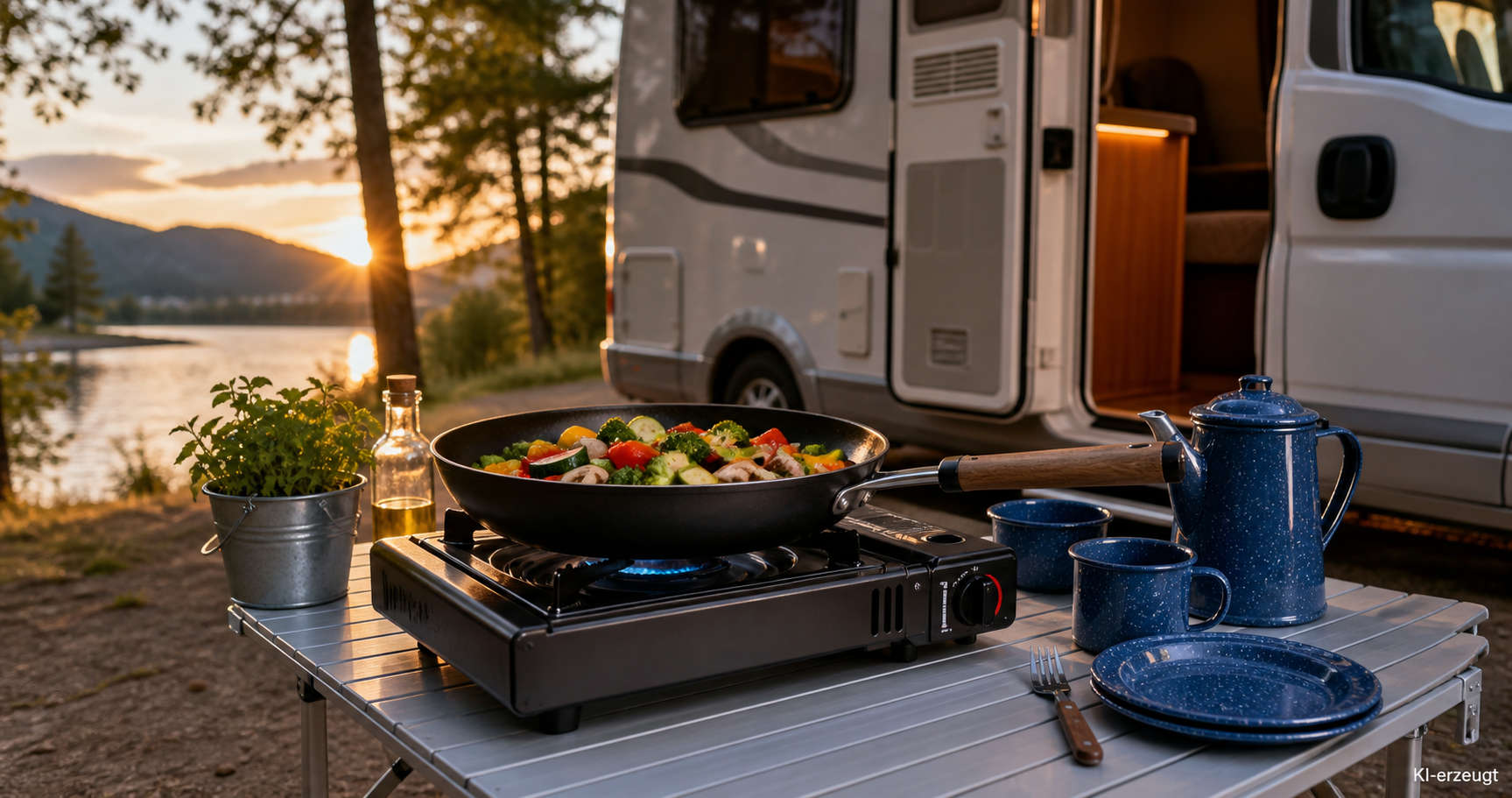 Campingkocher mit Pfanne voll Gemüse und Emaillegeschirr auf einem Klapptisch