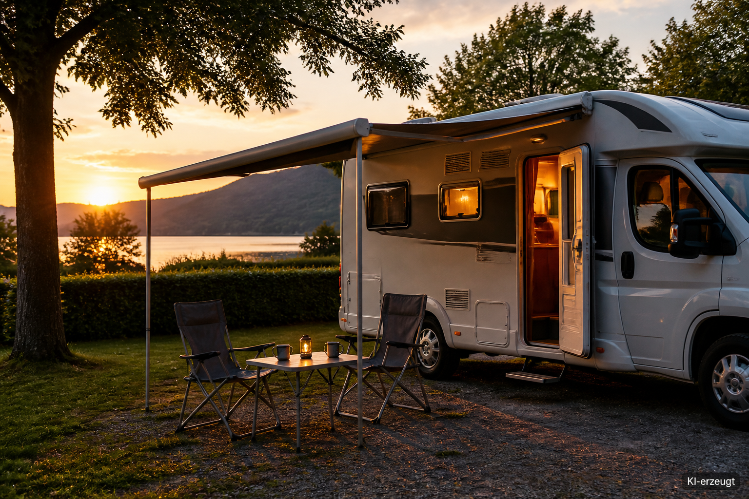 Wohnmobil auf einem Stellplatz mit Campingstühlen und Emaillebechern