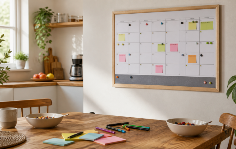Familienkalender an der Wand neben einem Küchentisch mit Notizen und Frühstücksgeschirr