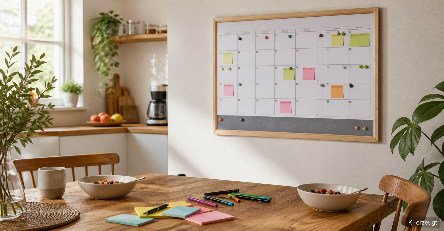 Familienkalender an der Wand neben einem Küchentisch mit Notizen und Frühstücksgeschirr