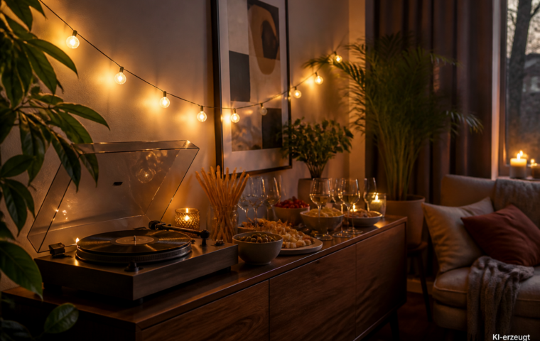 Wohnzimmer mit Buffet, Gläsern und Lichterkette für eine Party