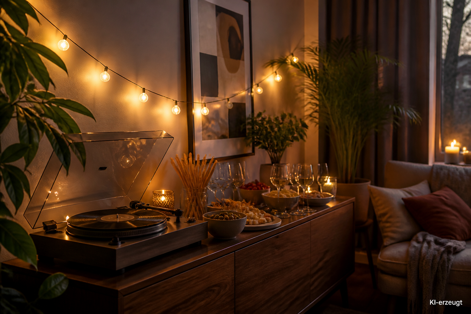 Wohnzimmer mit Buffet, Gläsern und Lichterkette für eine Party