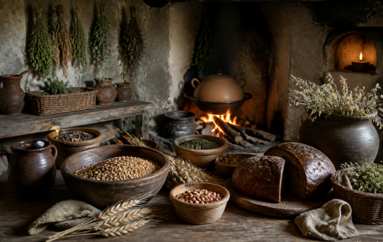 Historische Küche mit Getreide, Kräutern, Tontopf und dunklem Brot