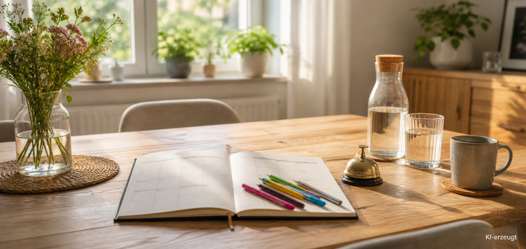 Wochenplan, Stifte und kleine Glocke auf einem Familientisch