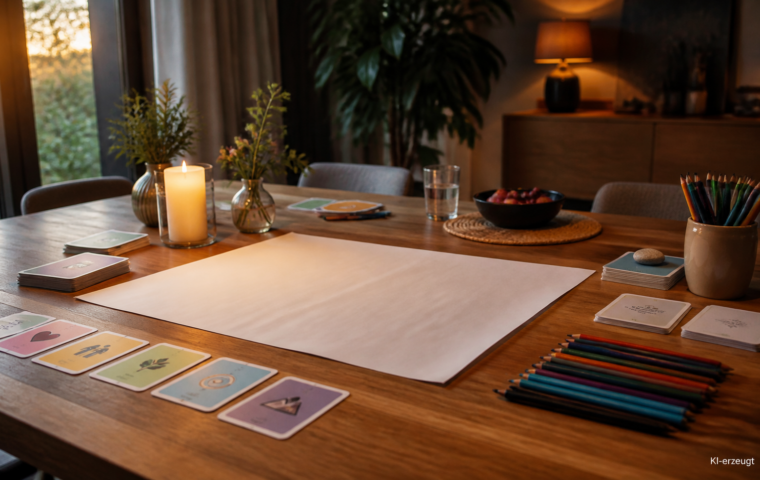 Esstisch mit großem Papierbogen, Stiften und Wertekarten