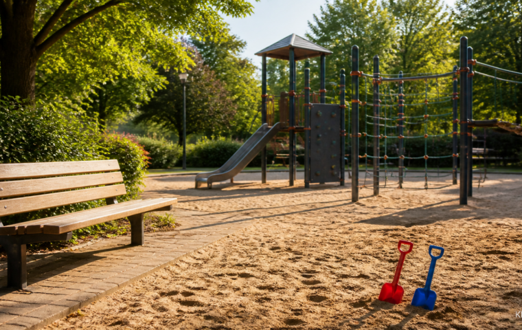 Spielplatz mit freier Bank und Spielzeug im Sand