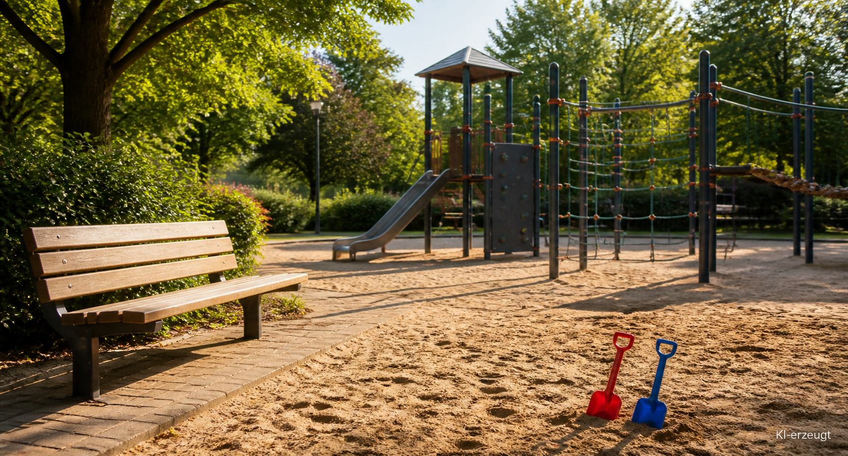 Spielplatz mit freier Bank und Spielzeug im Sand