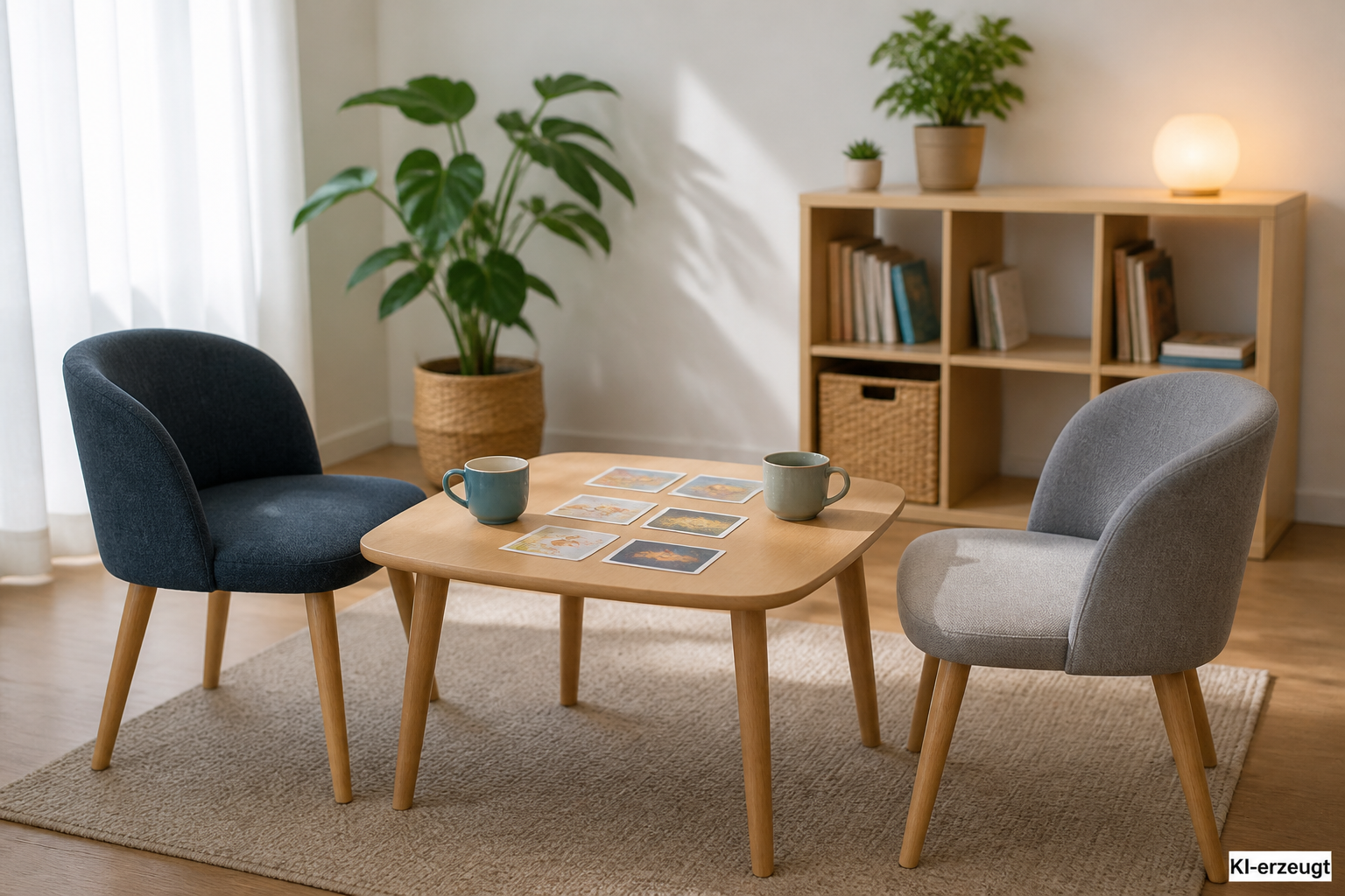 Zwei kleine Stühle an einem Tisch mit Gesprächskarten und Bechern
