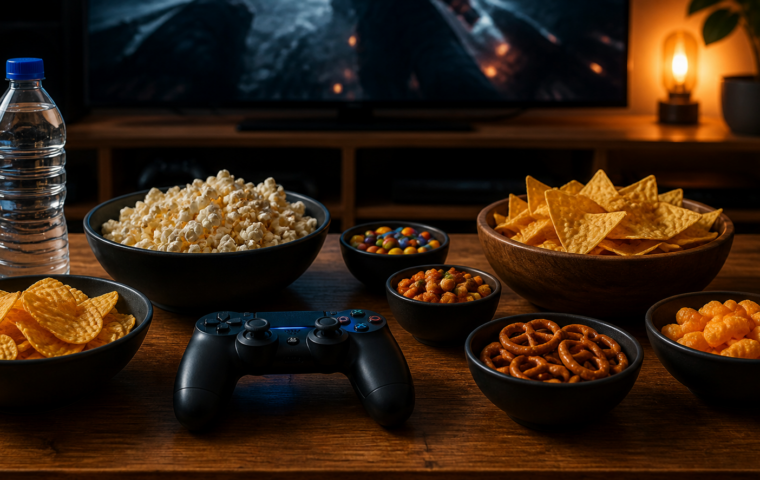 Gamingtisch mit Snackschalen, Controller und Wasserflasche