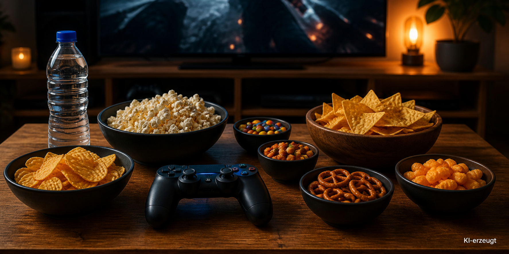 Gamingtisch mit Snackschalen, Controller und Wasserflasche