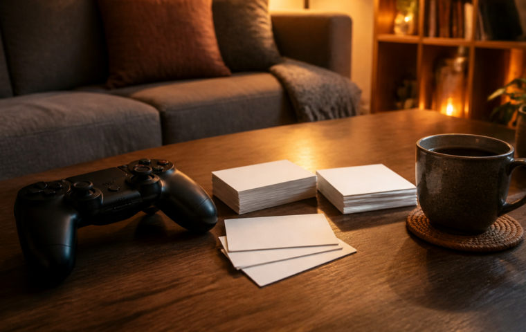 Controller und Karteikarten auf einem Wohnzimmertisch