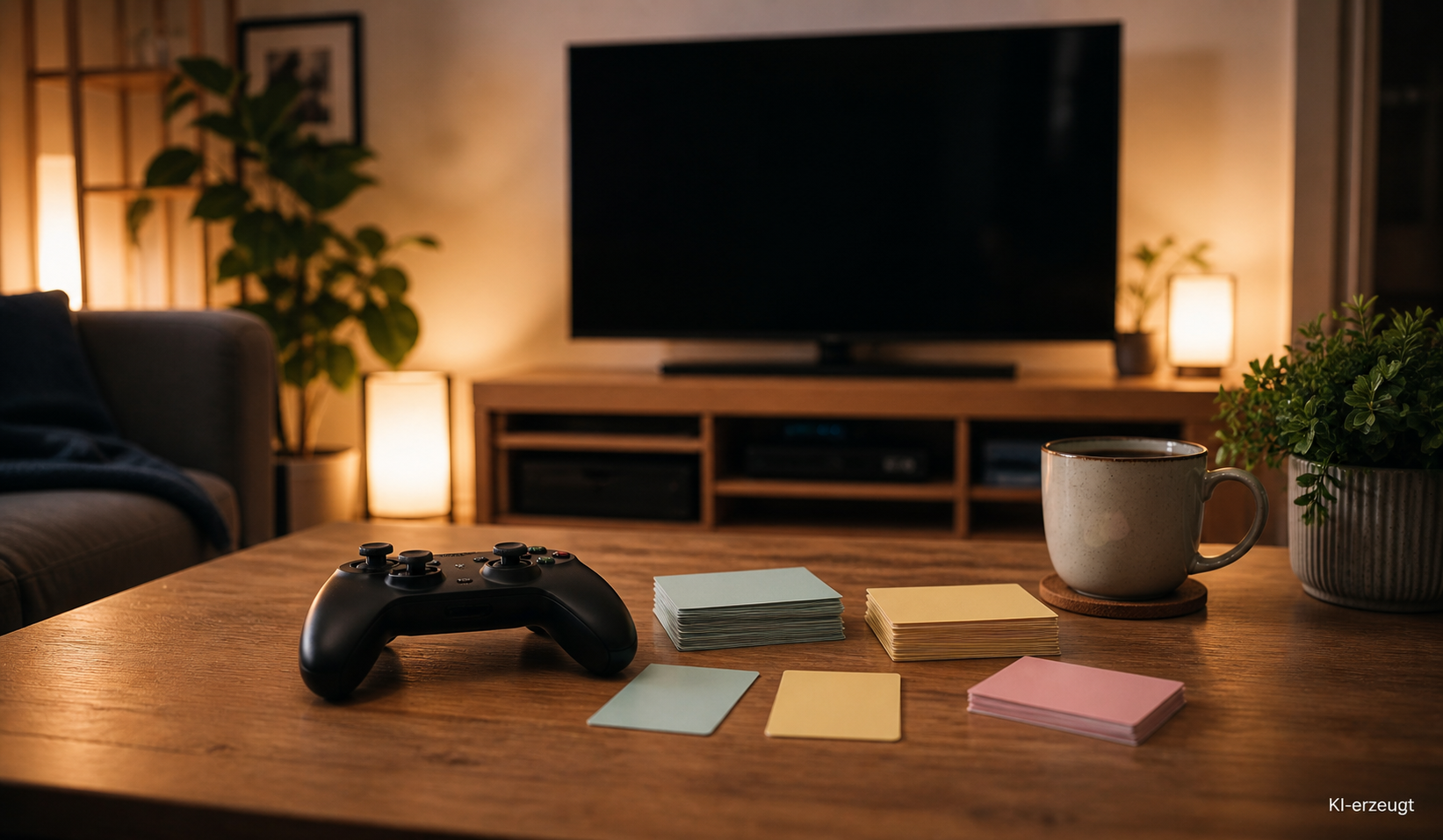 Controller und Karteikarten auf einem Wohnzimmertisch vor einem ausgeschalteten Fernseher