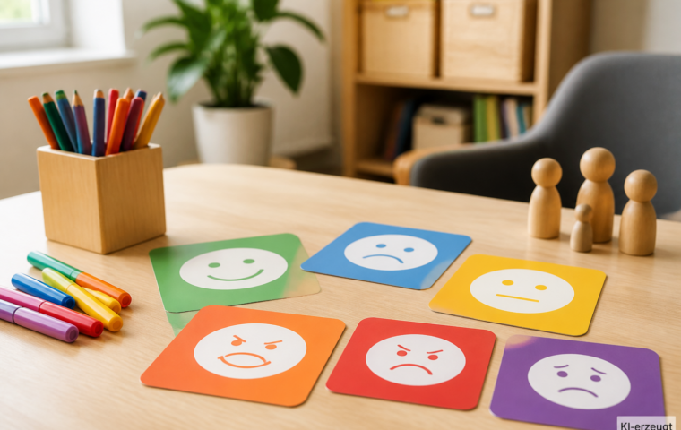 Bunte Gefühlskarten mit Gesichtssymbolen und Holzfiguren auf einem Kindertisch