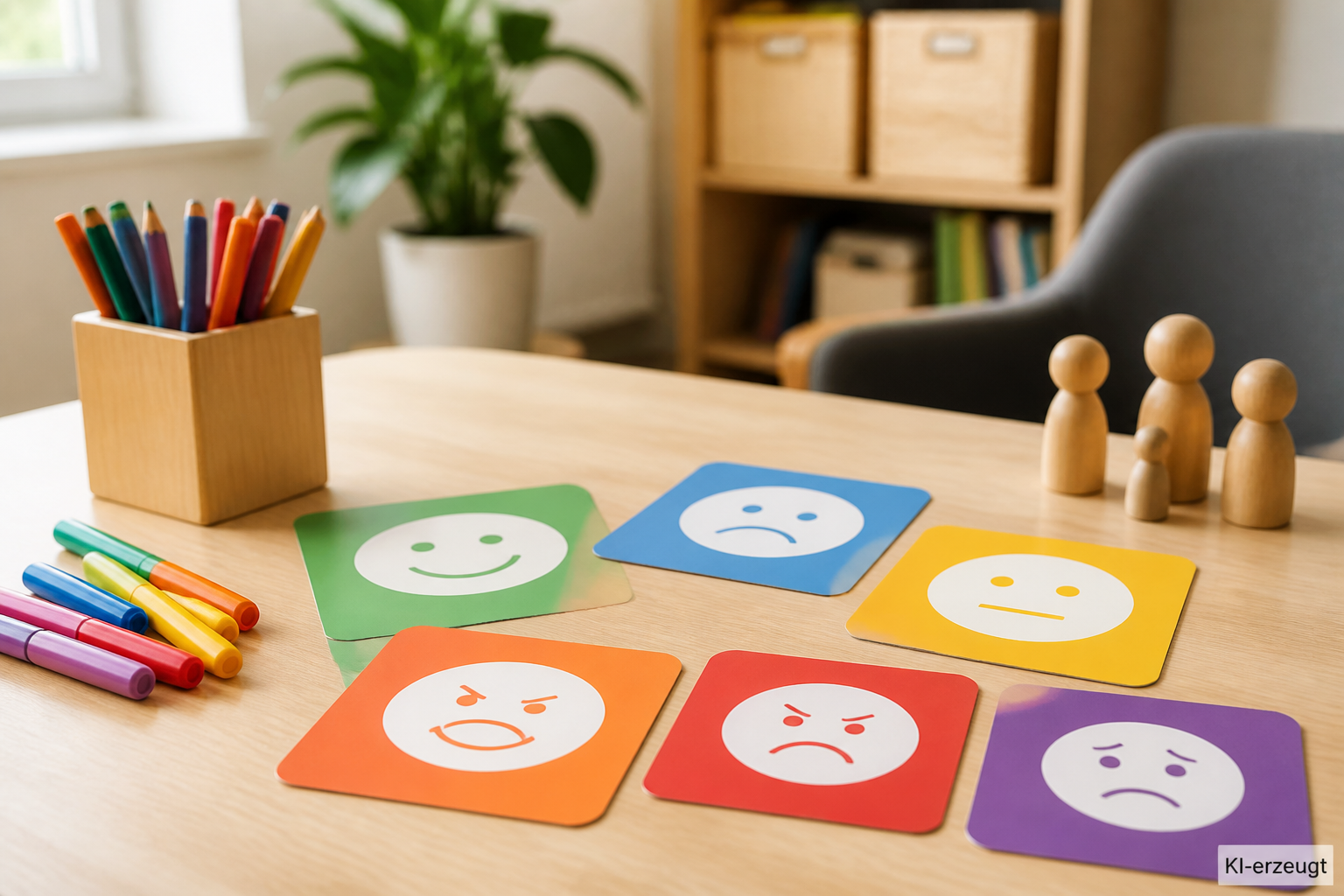 Bunte Gefühlskarten mit Gesichtssymbolen und Holzfiguren auf einem Kindertisch