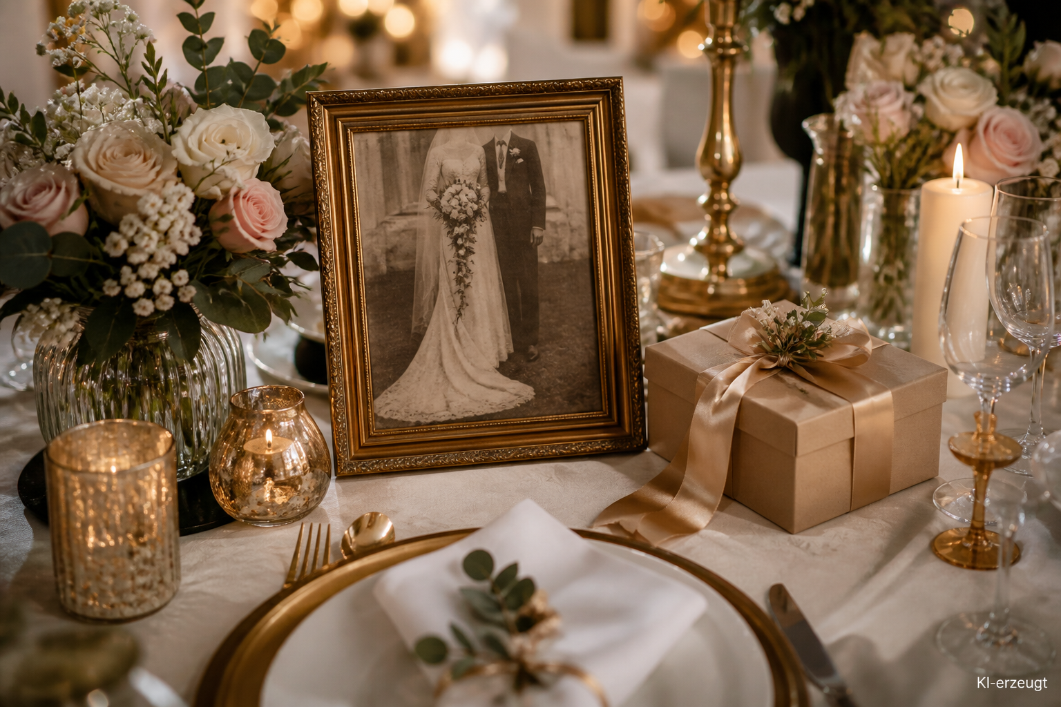 Goldene Tischdekoration mit gerahmtem Foto und Geschenkbox