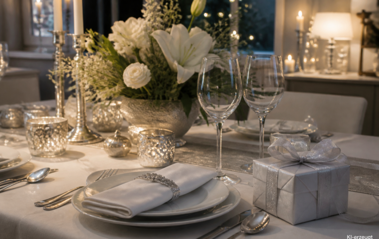 Silberne Tischdekoration mit Blumen und festlich verpacktem Geschenk