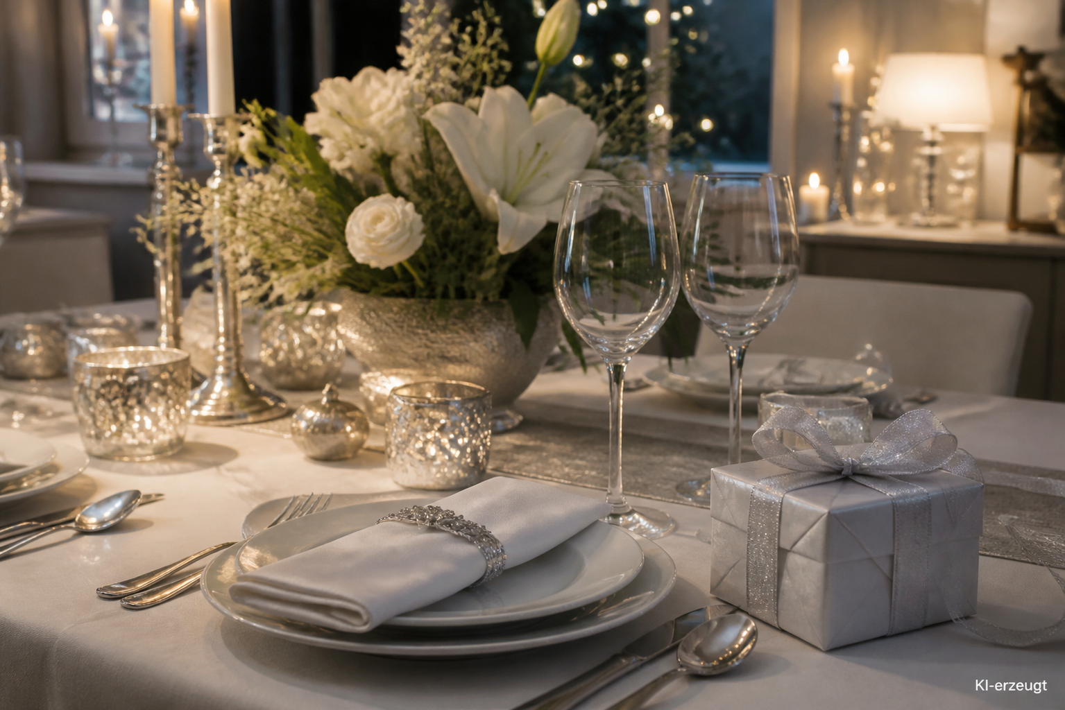 Silberne Tischdekoration mit Blumen und festlich verpacktem Geschenk