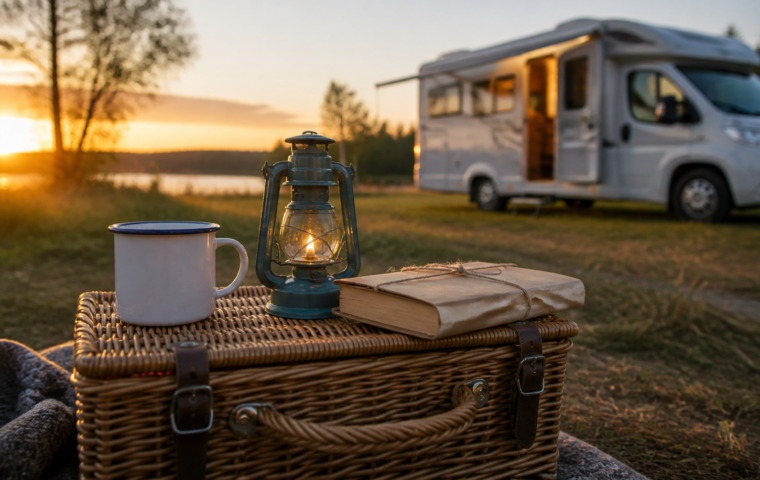 Campingkorb mit Becher, Laterne und verpacktem Buch vor einem Wohnmobil