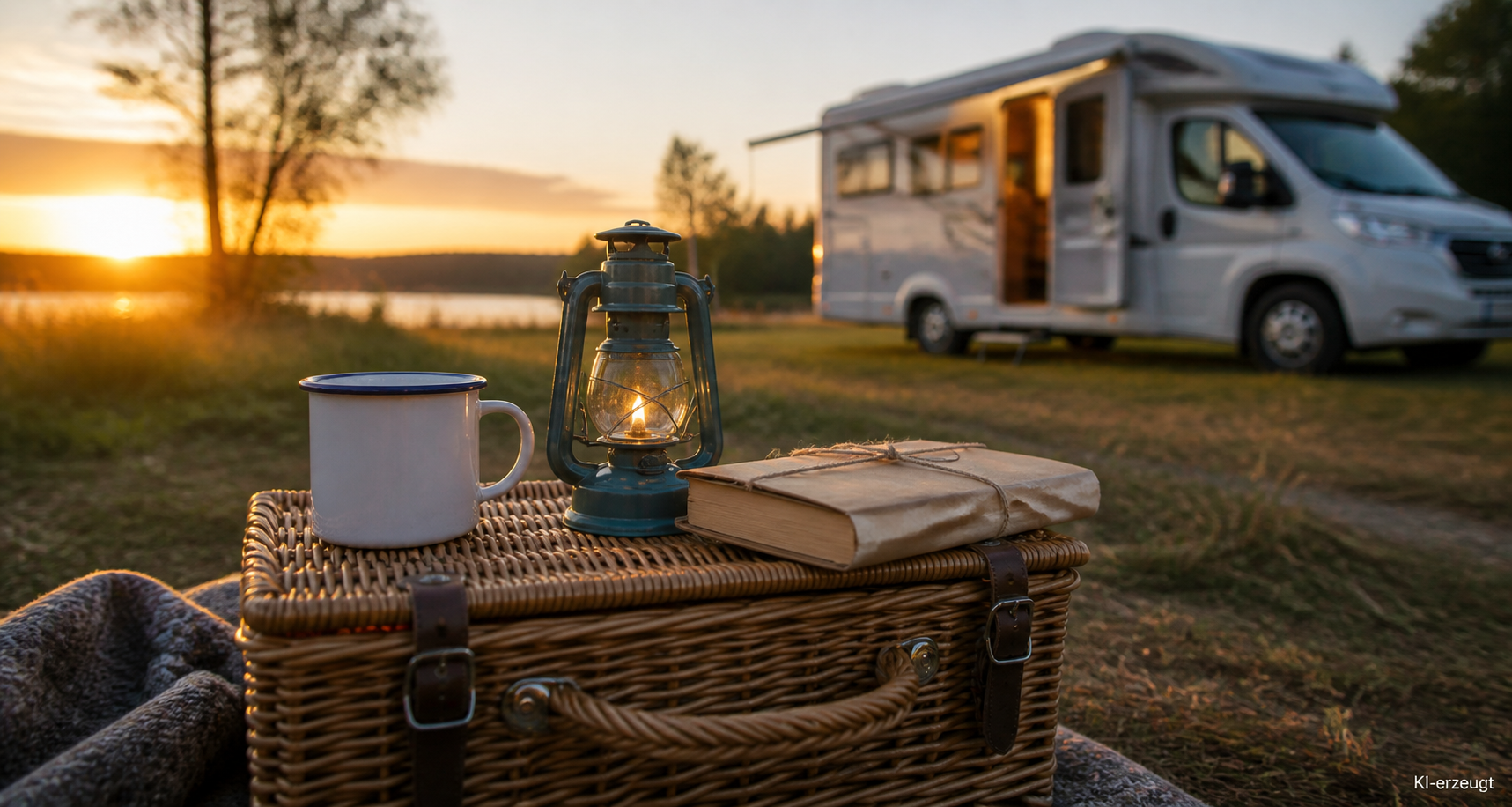 Campingkorb mit Becher, Laterne und verpacktem Buch vor einem Wohnmobil