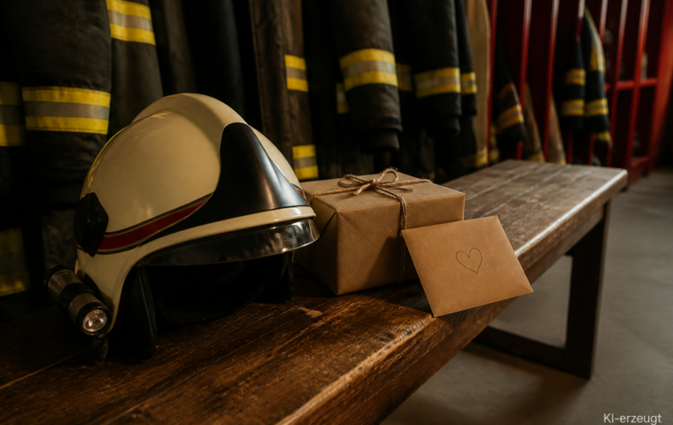 Feuerwehrhelm neben einer Geschenkbox und einer Dankeskarte im Gerätehaus