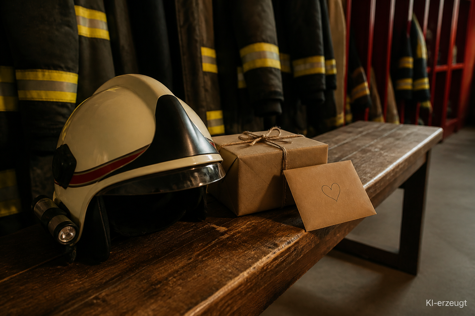 Feuerwehrhelm neben einer Geschenkbox und einer Dankeskarte im Gerätehaus