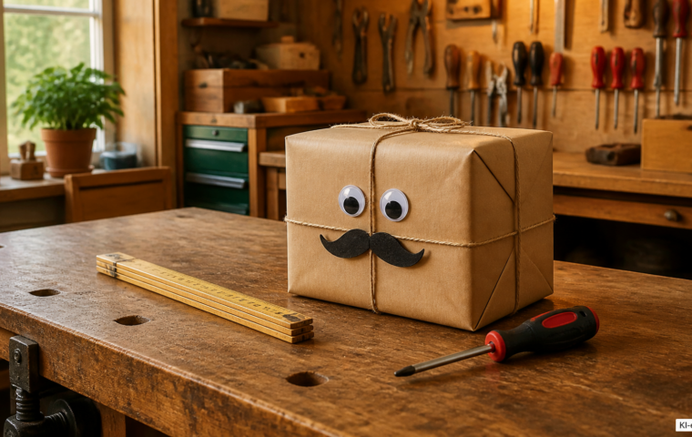 Werkbank mit Werkzeug und einem in Packpapier verpackten Geschenk