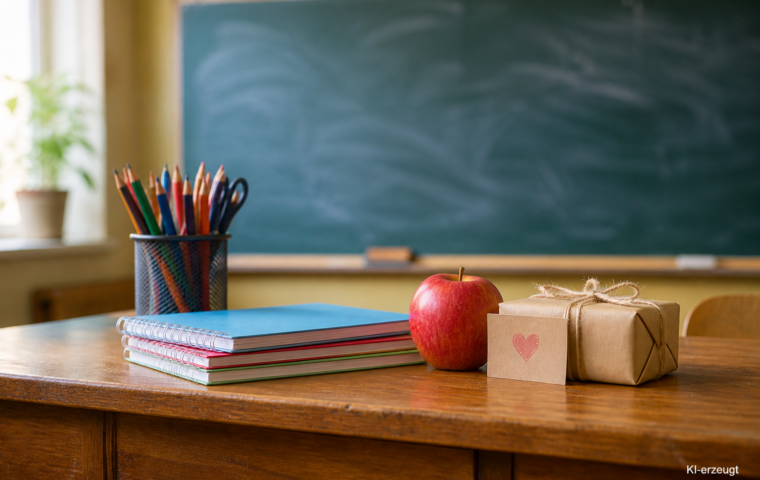 Lehrerpult mit Stiften, Apfel und einem kleinen verpackten Geschenk mit Karte