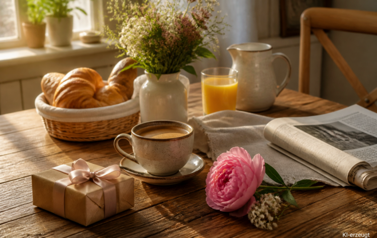 Frühstückstisch mit Kaffee, Zeitung und einer kleinen Geschenkbox