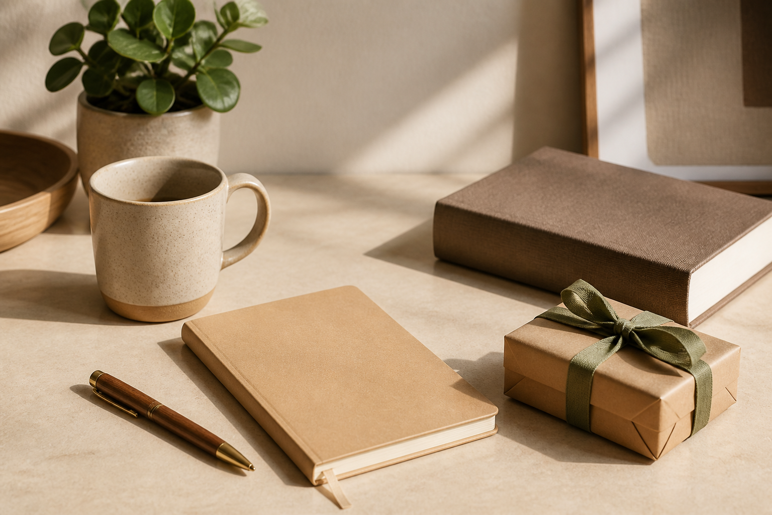 Geschenk, Notizbuch, Tasse und Stift auf einem warmen Schreibtisch