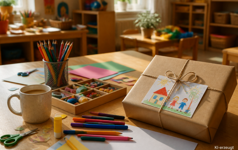 Bastelsachen, Kaffeetasse und eine Geschenkbox mit Kinderzeichnung auf einem Kita-Tisch