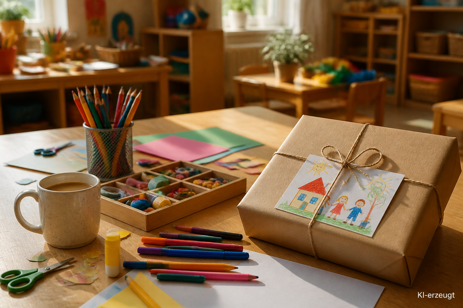 Bastelsachen, Kaffeetasse und eine Geschenkbox mit Kinderzeichnung auf einem Kita-Tisch