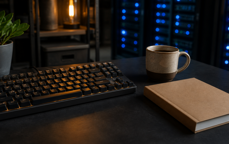 Tastatur, Kaffeetasse und verpacktes Buch auf einem Schreibtisch vor angedeutetem Serverschrank