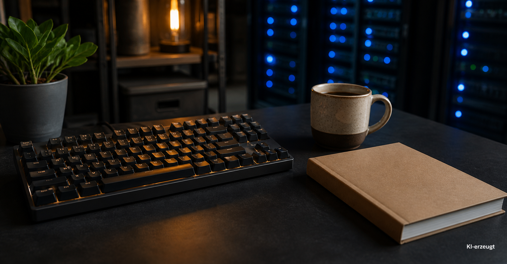 Tastatur, Kaffeetasse und verpacktes Buch auf einem Schreibtisch vor angedeutetem Serverschrank