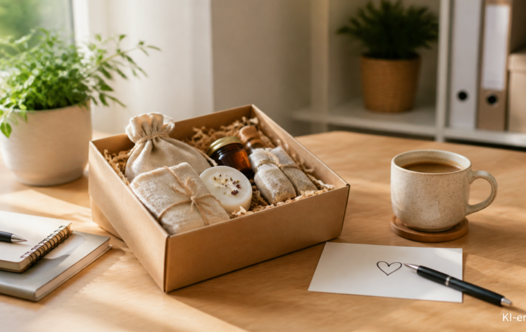 Mehrere klein verpackte Geschenke mit Schleife auf einem Bürotisch neben Kaffeetasse und Karte