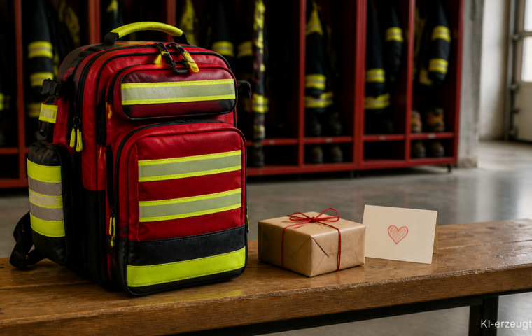 Einsatzrucksack neben einem kleinen Geschenk und einer Dankeskarte in einer Rettungswache