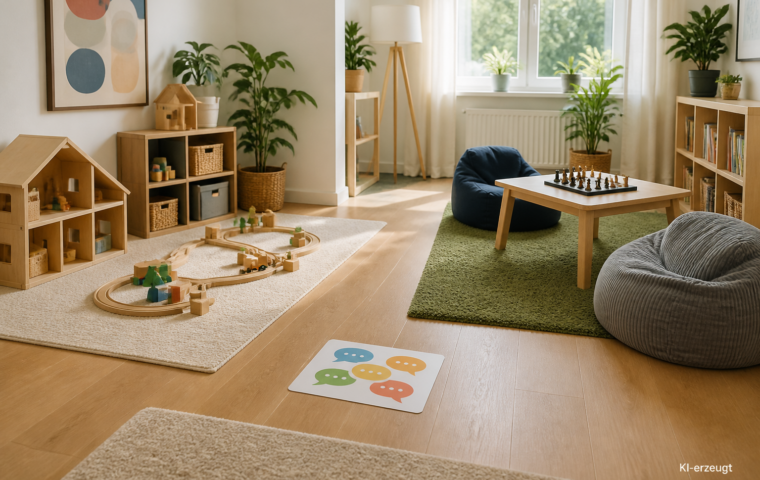 Zwei Spielbereiche im Kinderzimmer mit einer Karte dazwischen
