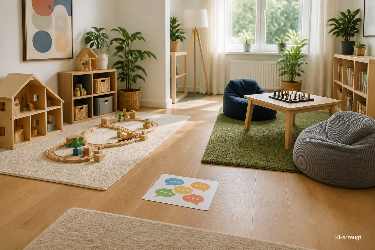 Zwei Spielbereiche im Kinderzimmer mit einer Karte dazwischen