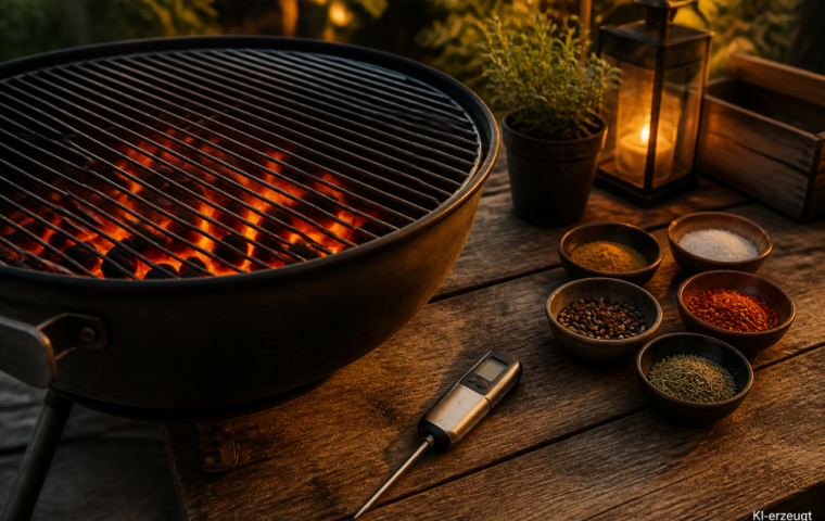 Grillrost über Glut, daneben Thermometer und Gewürzschälchen