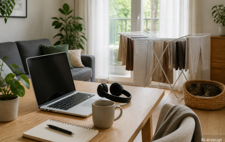 Wohnzimmerschreibtisch mit Laptop und Kopfhörern, im Hintergrund Wäscheständer und Katzenkorb