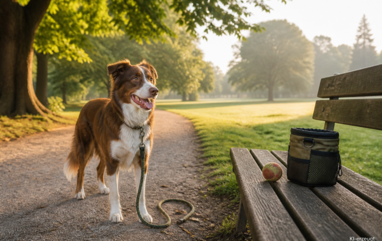 Hund an lockerer Leine im Park, daneben Ball und Leckerlibeutel auf einer Bank