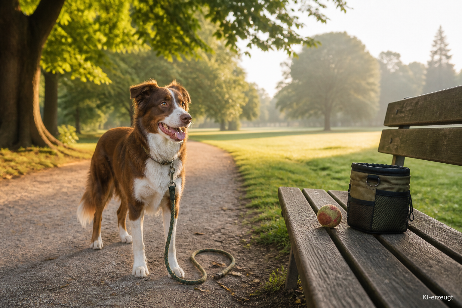 Hund an lockerer Leine im Park, daneben Ball und Leckerlibeutel auf einer Bank