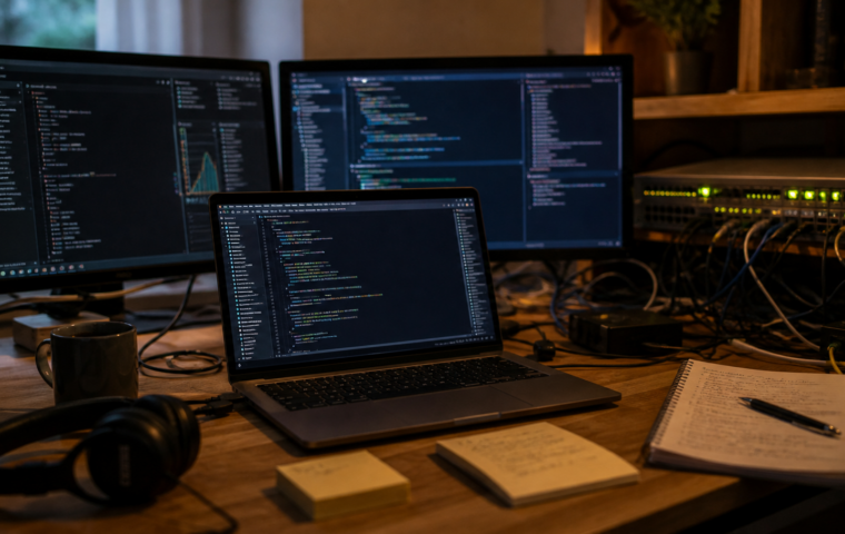 Arbeitsplatz mit Laptop, Kabeln und blinkendem Netzwerkgerät im Hintergrund