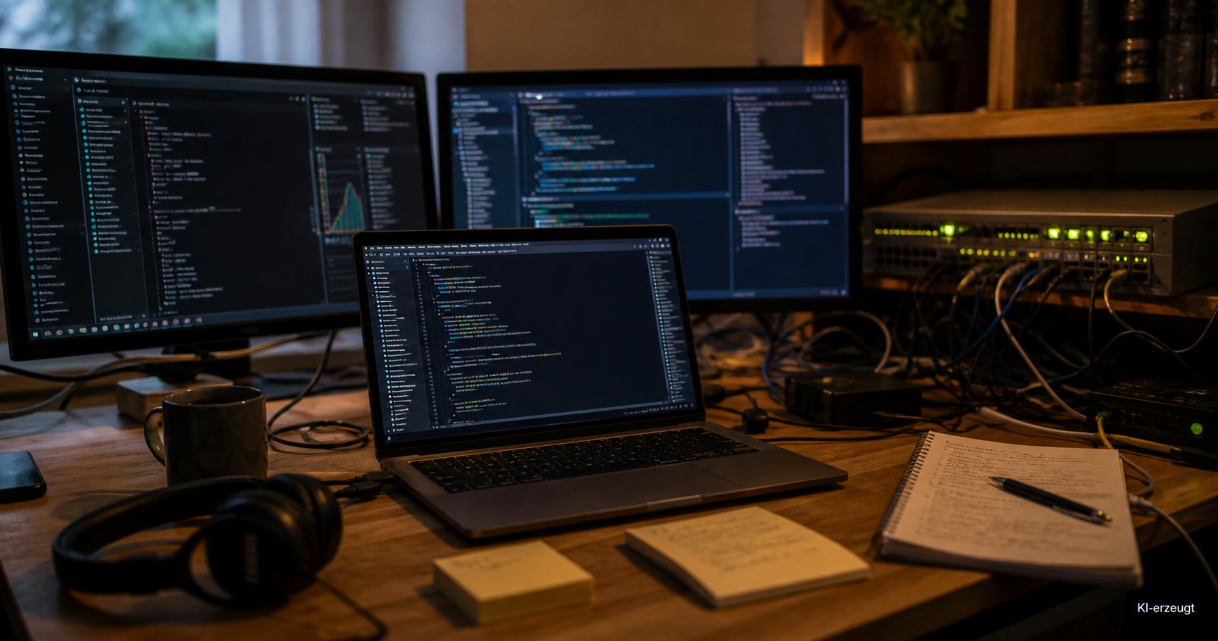 Arbeitsplatz mit Laptop, Kabeln und blinkendem Netzwerkgerät im Hintergrund
